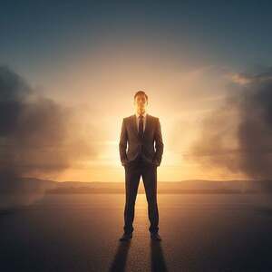 A transformative scene depicting the transition from fear to courage and truth. In the foreground, an individual dressed in professional business attire stands confidently, their face illuminated by a warm, golden light that symbolizes courage. The middle layer features a metaphorical representation of fear—a dark, swirling fog receding behind the figure, giving way to a radiant landscape bathed in sunlight. In the background, a brilliant sunrise reflects the theme of truth, with vivid colors of orange and blue blending harmoniously. The atmosphere is one of empowerment and awakening, captured from a slightly low angle to emphasize the individual's strength and determination. The overall mood is uplifting and inspiring, symbolizing a journey from darkness to light.