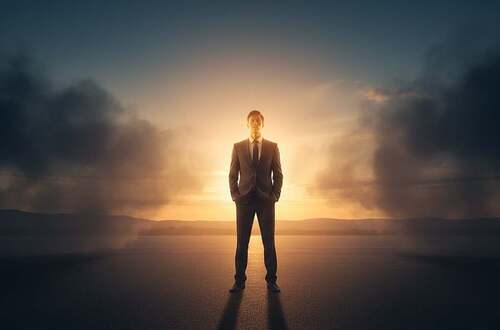 A transformative scene depicting the transition from fear to courage and truth. In the foreground, an individual dressed in professional business attire stands confidently, their face illuminated by a warm, golden light that symbolizes courage. The middle layer features a metaphorical representation of fear—a dark, swirling fog receding behind the figure, giving way to a radiant landscape bathed in sunlight. In the background, a brilliant sunrise reflects the theme of truth, with vivid colors of orange and blue blending harmoniously. The atmosphere is one of empowerment and awakening, captured from a slightly low angle to emphasize the individual's strength and determination. The overall mood is uplifting and inspiring, symbolizing a journey from darkness to light.