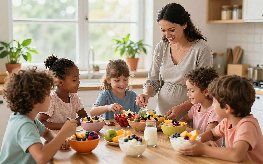 A vibrant and informative scene depicting healthy nutrition for children and pregnant women. In the foreground, a diverse group of children, dressed in modest casual clothing, eagerly examining colorful bowls of yogurt, quark, and skyr filled with fresh fruits and nuts. The middle ground features a pregnant woman, also in modest attire, smiling as she prepares a nutritious meal together with the children, emphasizing family bonding. In the background, a bright, airy kitchen with green plants and natural light streaming in through large windows, creating an uplifting atmosphere. The overall mood is cheerful and nurturing, highlighting the importance of healthy eating in critical life stages. Use a soft focus with warm lighting to enhance the inviting feel of the kitchen setting. A vibrant and informative scene depicting healthy nutrition for children and pregnant women. In the foreground, a diverse group of children, dressed in modest casual clothing, eagerly examining colorful bowls of yogurt, quark, and skyr filled with fresh fruits and nuts. The middle ground features a pregnant woman, also in modest attire, smiling as she prepares a nutritious meal together with the children, emphasizing family bonding. In the background, a bright, airy kitchen with green plants and natural light streaming in through large windows, creating an uplifting atmosphere. The overall mood is cheerful and nurturing, highlighting the importance of healthy eating in critical life stages. Use a soft focus with warm lighting to enhance the inviting feel of the kitchen setting.