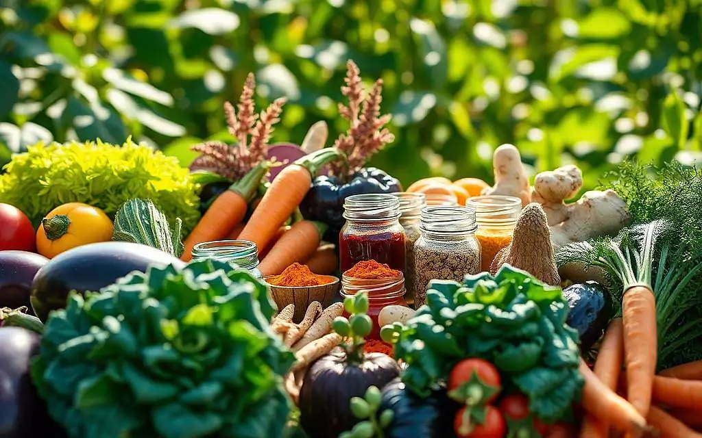 A vibrant arrangement of various secondary plant compounds in a lush setting. In the foreground, display a variety of colorful fruits and vegetables, such as purple eggplants, deep green kale, and bright orange carrots, emphasizing their textures and natural colors. In the middle ground, add small jars filled with herbal extracts and spices, like turmeric and ginger, suggesting their anti-inflammatory properties. In the background, create a soft-focus of a green garden with sunlight filtering through the leaves, casting gentle shadows. The lighting should evoke a warm and inviting atmosphere, highlighting the richness of these plant compounds. Capture the scene from a slightly elevated angle to provide depth, while ensuring the overall tone is educational and serene.