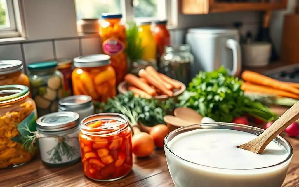 A vibrant kitchen countertop brimming with an assortment of probiotic-rich and fermented foods, such as colorful jars of kimchi, creamy yogurt, and golden sauerkraut. In the foreground, a close-up of a wooden spoon stirring a bowl of fresh kefir, with light reflecting off its creamy surface. The middle ground features a well-organized display of various herbs like dill and parsley, alongside fresh vegetables like carrots and radishes. In the background, soft natural light streams through a window, highlighting the warm, inviting atmosphere of a health-conscious home. The setting conveys a sense of vitality and well-being, emphasizing the link between nutrition and gut health, with a focus on freshness and organic ingredients.