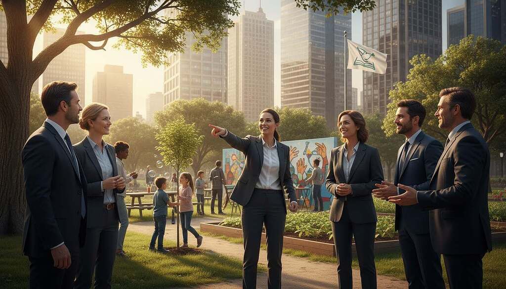 A vibrant scene depicting societal transformation and collective awakening, set in a sunlit urban park. In the foreground, a diverse group of individuals dressed in professional and modest casual attire engages in a dynamic conversation, their expressions reflecting hope and determination. In the middle ground, children play and people participate in community activities, symbolizing a sense of unity and collaboration. The background features large trees and modern buildings, bathed in warm, golden light, representing growth and opportunity. The atmosphere is uplifting and energized, with soft sunlight filtering through the leaves, creating dappled patterns on the ground. Shot at eye level with a wide-angle lens to capture the depth and vibrancy of the scene.