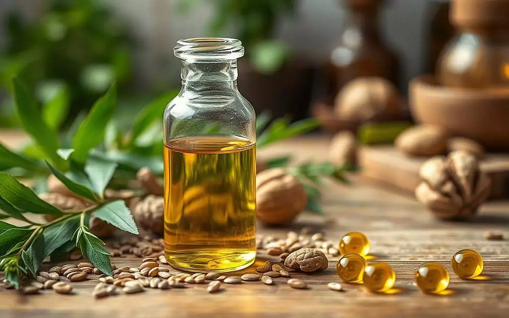 A visually appealing close-up of omega-3 fatty acids portrayed as golden liquid droplets, glistening under soft, diffused lighting. In the foreground, a glass vial filled with clear oil sits elegantly, surrounded by fresh green leaves of flaxseed and quietly resting walnuts. In the middle ground, a textured wooden table adds warmth and a natural feel, complementing the organic aspect of omega-3 sources. The background features a blurred kitchen setting with herbs and spices hinting at a healthy, anti-inflammatory diet, subtly reinforcing the theme. The overall mood is calm and nourishing, capturing the essence of wellness and the anti-inflammatory properties of omega-3 fatty acids. The composition is shot from a slightly elevated angle, drawing the viewer's eye to the importance of these nutrients in a balanced diet.