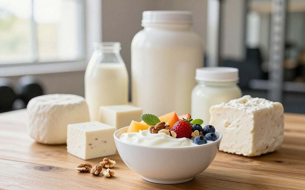 A visually appealing composition showcasing sports nutrition and recovery through dairy products. In the foreground, a vibrant bowl of Greek yogurt topped with fresh fruit and nuts, highlighting its nutritious qualities. The middle ground features a variety of dairy items, such as quark and skyr, artfully arranged on a wooden table, conveying freshness and health. The background includes a softly blurred gym setting with light streaming in from a nearby window, creating a warm, inviting atmosphere. The image is bright with natural lighting, shot with a shallow depth of field to emphasize the foreground dairy products, evoking a sense of vitality and well-being, perfect for illustrating the theme of sports nutrition and optimal recovery. A visually appealing composition showcasing sports nutrition and recovery through dairy products. In the foreground, a vibrant bowl of Greek yogurt topped with fresh fruit and nuts, highlighting its nutritious qualities. The middle ground features a variety of dairy items, such as quark and skyr, artfully arranged on a wooden table, conveying freshness and health. The background includes a softly blurred gym setting with light streaming in from a nearby window, creating a warm, inviting atmosphere. The image is bright with natural lighting, shot with a shallow depth of field to emphasize the foreground dairy products, evoking a sense of vitality and well-being, perfect for illustrating the theme of sports nutrition and optimal recovery.