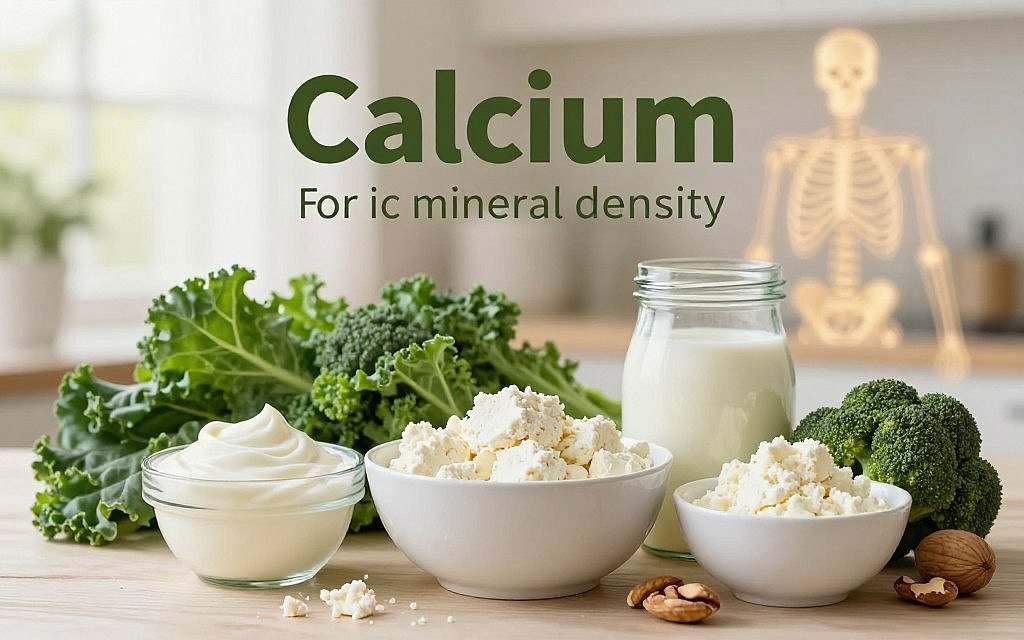 A visually compelling illustration focusing on calcium and micronutrients essential for bone mineral density. In the foreground, display a variety of dairy products such as yogurt, quark, and skyr, presented in elegant bowls, emphasizing their rich textures and nutritional labels. In the middle ground, include vibrant green vegetables like kale and broccoli, and a handful of nuts, highlighting their role as additional sources of micronutrients. The background should feature soft, diffused natural light streaming in, creating a warm and inviting atmosphere. Incorporate subtle anatomical elements, such as a glowing outline of a human skeleton, emphasizing bone health. The overall mood should be educational and encouraging, showcasing the importance of these foods in maintaining strong bones. A visually compelling illustration focusing on calcium and micronutrients essential for bone mineral density. In the foreground, display a variety of dairy products such as yogurt, quark, and skyr, presented in elegant bowls, emphasizing their rich textures and nutritional labels. In the middle ground, include vibrant green vegetables like kale and broccoli, and a handful of nuts, highlighting their role as additional sources of micronutrients. The background should feature soft, diffused natural light streaming in, creating a warm and inviting atmosphere. Incorporate subtle anatomical elements, such as a glowing outline of a human skeleton, emphasizing bone health. The overall mood should be educational and encouraging, showcasing the importance of these foods in maintaining strong bones.