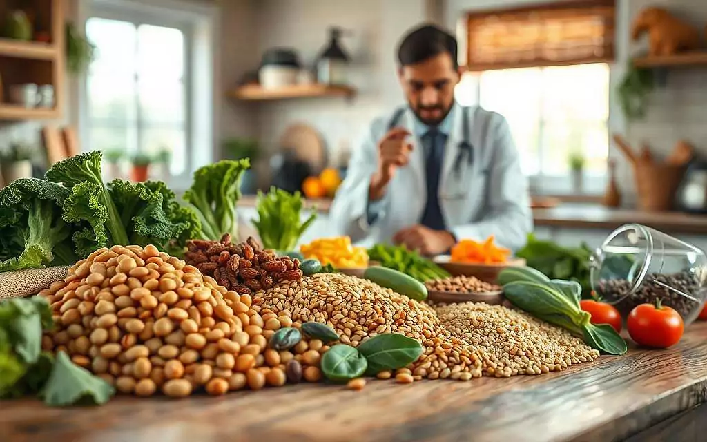 A visually engaging composition showcasing antinutrients in everyday foods, emphasizing whole ingredients like beans, grains, and certain leafy vegetables. In the foreground, a well-organized display of these foods is artfully arranged on a rustic wooden table. The middle ground features a soft focus on a researcher in professional attire, analyzing the ingredients thoughtfully, with a magnifying glass in hand. The background features a serene kitchen setting with natural light streaming through a window, creating a warm and inviting atmosphere. Soft shadows enhance the textures of the foods, emphasizing their colors—rich greens, earthy browns, and vibrant hues. The overall mood is educational yet approachable, inviting viewers to explore the topic of food intolerances and antinutrient-rich foods.
