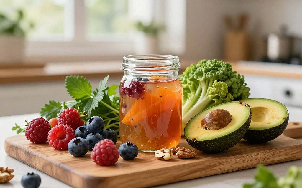 A visually striking composition depicting the concept of nutrition therapy related to the microbiome. In the foreground, an elegant array of colorful superfoods like berries, avocados, and nuts artfully arranged on a wooden cutting board. In the middle ground, a glass jar filled with vibrant probiotics and prebiotics, surrounded by fresh herbs and vegetables, emphasizing their health benefits. In the background, a softly blurred kitchen setting with natural light filtering through a window, casting gentle shadows that create a warm and inviting atmosphere. The focus is sharp on the foreground elements, using a shallow depth of field to highlight the textures and colors. The overall mood is fresh, wholesome, and uplifting, representing holistic gut health in an appealing way. A visually striking composition depicting the concept of nutrition therapy related to the microbiome. In the foreground, an elegant array of colorful superfoods like berries, avocados, and nuts artfully arranged on a wooden cutting board. In the middle ground, a glass jar filled with vibrant probiotics and prebiotics, surrounded by fresh herbs and vegetables, emphasizing their health benefits. In the background, a softly blurred kitchen setting with natural light filtering through a window, casting gentle shadows that create a warm and inviting atmosphere. The focus is sharp on the foreground elements, using a shallow depth of field to highlight the textures and colors. The overall mood is fresh, wholesome, and uplifting, representing holistic gut health in an appealing way.