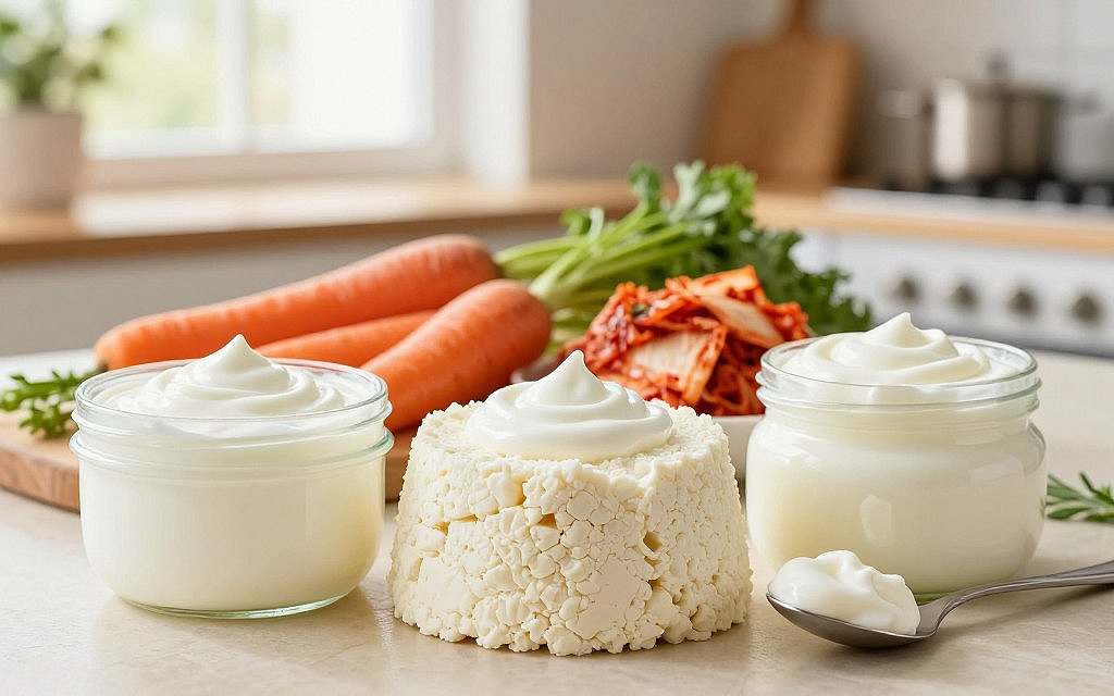 A visually striking composition featuring an array of fermented foods known for their immunomodulatory effects, like yogurt, quark, and skyr, prominently displayed in the foreground. Each item is fresh and enticingly textured, with a few spoonfuls of creamy yogurt artfully swirled. In the middle ground, include vibrant vegetables such as fermented carrots and kimchi, arranged in a way that suggests harmony with the dairy products. The background showcases a softly blurred kitchen setting with warm, natural lighting filtering through a window, enhancing the inviting atmosphere. Use a shallow depth of field to keep the focus on the food while creating a sense of warmth and health. The overall mood should be one of vitality and wellness, emphasizing the connection between nutrition and immune function. A visually striking composition featuring an array of fermented foods known for their immunomodulatory effects, like yogurt, quark, and skyr, prominently displayed in the foreground. Each item is fresh and enticingly textured, with a few spoonfuls of creamy yogurt artfully swirled. In the middle ground, include vibrant vegetables such as fermented carrots and kimchi, arranged in a way that suggests harmony with the dairy products. The background showcases a softly blurred kitchen setting with warm, natural lighting filtering through a window, enhancing the inviting atmosphere. Use a shallow depth of field to keep the focus on the food while creating a sense of warmth and health. The overall mood should be one of vitality and wellness, emphasizing the connection between nutrition and immune function.