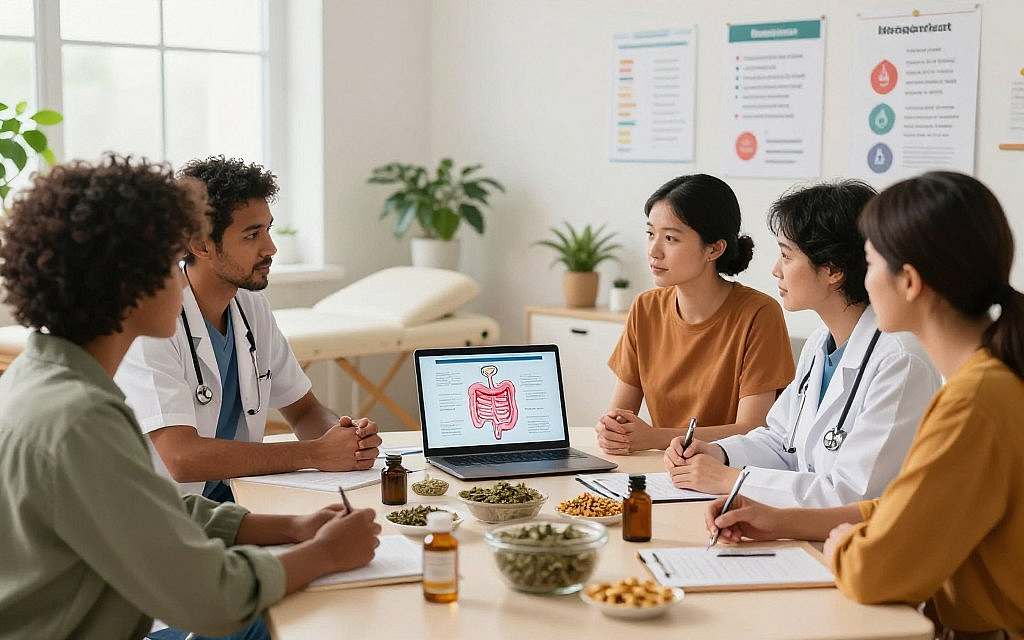 An educational scene showcasing alternative treatment strategies for gastrointestinal autoimmune diseases. In the foreground, a diverse group of healthcare professionals in smart casual attire, engaged in discussion around a table filled with herbal remedies and supplements. The middle ground features an open laptop displaying diagrams of the lymphatic system, while charts on the wall illustrate holistic healing methods. The background includes a calming, well-lit therapy room with plants and soft colors, creating a serene atmosphere. Bright, natural lighting filters through a window, enhancing the mood of collaboration and healing. Focus on clarity and warmth, emphasizing the connection between mind, body, and alternative therapies for gut health. An educational scene showcasing alternative treatment strategies for gastrointestinal autoimmune diseases. In the foreground, a diverse group of healthcare professionals in smart casual attire, engaged in discussion around a table filled with herbal remedies and supplements. The middle ground features an open laptop displaying diagrams of the lymphatic system, while charts on the wall illustrate holistic healing methods. The background includes a calming, well-lit therapy room with plants and soft colors, creating a serene atmosphere. Bright, natural lighting filters through a window, enhancing the mood of collaboration and healing. Focus on clarity and warmth, emphasizing the connection between mind, body, and alternative therapies for gut health.