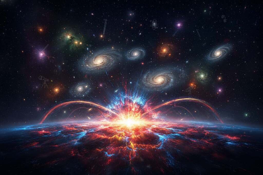 A breathtaking cosmic scene illustrating the concept of the Big Bang and the scientific quest for the origin of the universe. In the foreground, a swirling burst of vibrant colors representing the explosive energy of the Big Bang, with radiant reds, blues, and yellows emanating from a central point. The middle ground features abstract representations of galaxies forming, with spirals of stars and light intermingling, suggesting movement and evolution. The background is a dark, star-studded expanse, with distant celestial bodies and nebulae gently illuminated by soft starlight. The atmosphere is one of wonder and curiosity, evoking a sense of awe. Soft lighting highlights the intricate details of the cosmic elements, capturing the magnitude of the scientific exploration into the universe's beginnings, shot with a panoramic lens to emphasize depth.