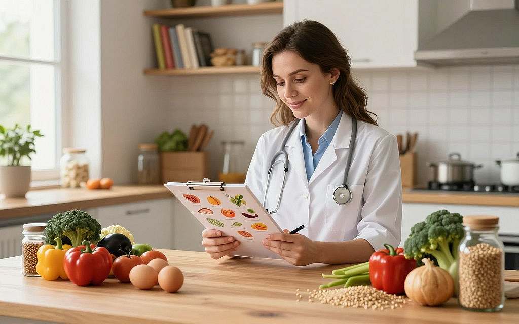 A bright, inviting kitchen setting with a wooden table at the foreground, featuring fresh eggs, vibrant vegetables, and whole grains arranged artfully to represent a balanced diet. In the middle, a professional-looking European nutritionist dressed in a smart casual outfit is analyzing a colorful food chart while writing notes on a clipboard. They have a friendly, focused expression, conveying dedication to understanding nutritional impacts on metabolic health. In the background, shelves are lined with cookbooks and healthy food images, bathed in warm natural light from a nearby window, creating a cozy and knowledgeable atmosphere. Emphasize clarity and detail in the food items to symbolize proper nutrition’s role in metabolic function. A bright, inviting kitchen setting with a wooden table at the foreground, featuring fresh eggs, vibrant vegetables, and whole grains arranged artfully to represent a balanced diet. In the middle, a professional-looking European nutritionist dressed in a smart casual outfit is analyzing a colorful food chart while writing notes on a clipboard. They have a friendly, focused expression, conveying dedication to understanding nutritional impacts on metabolic health. In the background, shelves are lined with cookbooks and healthy food images, bathed in warm natural light from a nearby window, creating a cozy and knowledgeable atmosphere. Emphasize clarity and detail in the food items to symbolize proper nutrition’s role in metabolic function.