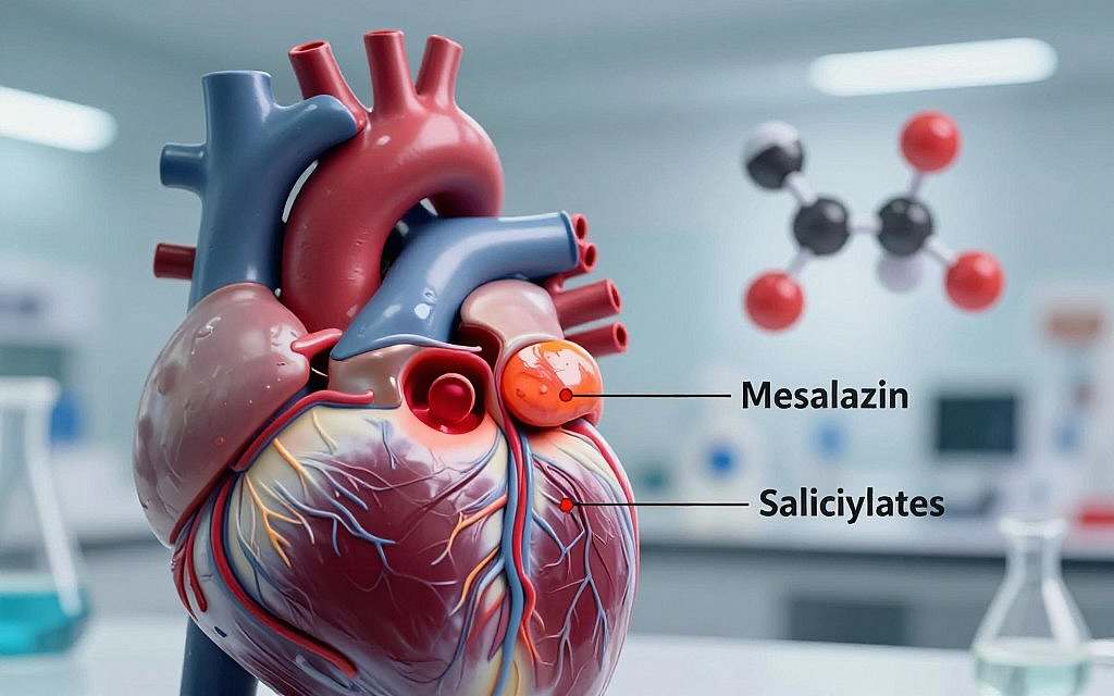 A clinical illustration depicting a close-up of a heart with a focused view of the pericardium, showcasing inflammation associated with Mesalazin and Salicylates. In the foreground, a human heart model, rendered realistically, highlights the pericardial layer with red and orange hues to indicate inflammation. The middle ground features labels pinpointing the pericardium and surrounding tissues, portrayed with soft-focus, conveying a medical research environment. In the background, abstract representations of the Mesalazin and Salicylate molecules, subtly illuminated with a diffused light source to create a scientific atmosphere. The scene is set in a sterile laboratory with cool-toned lighting to enhance the clinical mood of discovery and awareness around the paradoxical effects of these medications. Ensure that the human models, if depicted, are shown in professional attire, contributing to the serious tone of the subject. A clinical illustration depicting a close-up of a heart with a focused view of the pericardium, showcasing inflammation associated with Mesalazin and Salicylates. In the foreground, a human heart model, rendered realistically, highlights the pericardial layer with red and orange hues to indicate inflammation. The middle ground features labels pinpointing the pericardium and surrounding tissues, portrayed with soft-focus, conveying a medical research environment. In the background, abstract representations of the Mesalazin and Salicylate molecules, subtly illuminated with a diffused light source to create a scientific atmosphere. The scene is set in a sterile laboratory with cool-toned lighting to enhance the clinical mood of discovery and awareness around the paradoxical effects of these medications. Ensure that the human models, if depicted, are shown in professional attire, contributing to the serious tone of the subject.