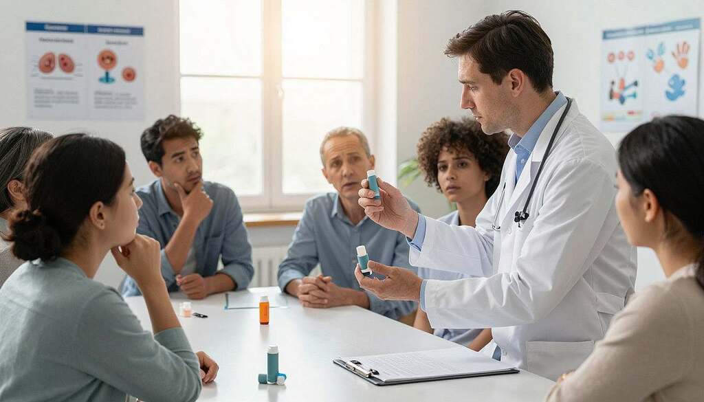 A clinical setting featuring a healthcare professional, a Caucasian male in a white lab coat, standing beside a medical desk with inhalers and a clipboard in the foreground. He is explaining inhaled steroids to a diverse group of patients seated around the table, showing mixed reactions of concern and curiosity. The middle ground should include charts and visual aids illustrating common side effects, such as weight gain and oral thrush, portrayed with clear labels. In the background, a window with soft, natural light filtering in, casting a warm glow that creates an inviting atmosphere. The angle should be slightly elevated, capturing the interactions and elements cohesively while maintaining a professional and informative mood.