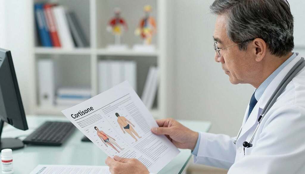 A clinical setting with a focused view of a middle-aged European male doctor in professional attire, examining medical charts that display the systemic effects of corticosteroids like cortisone. In the foreground, show detailed charts and illustrations depicting potential risks and side effects, such as weight gain and inflammation. The middle ground features a clear desk with medical equipment, while the background contains shelves with medical books and anatomical models. The lighting is bright and neutral, creating an informative atmosphere. Use a shallow depth of field to highlight the doctor and charts, ensuring clarity and focus on the discussion of risks associated with cortisone use. The overall mood should be serious and professional, emphasizing the importance of understanding these risks in treatment.