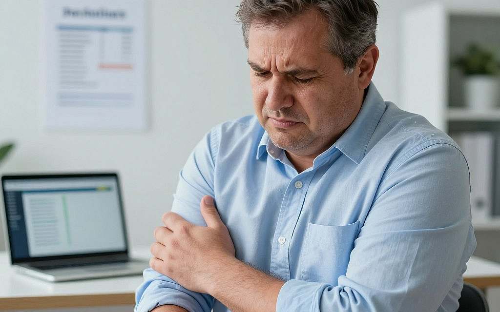 A close-up of a stocky, middle-aged European man in business attire, sitting in a modern office environment, with a pained expression on his face, clutching his arm as if experiencing muscle pain. In the background, softly blurred, are medical charts and a laptop displaying statistics on statins, subtly hinting at their side effects. The lighting is soft and natural, illuminating the man's face to highlight his discomfort while casting gentle shadows. The mood is serious and thoughtful, reflecting the gravity of the subject. The overall composition should evoke a sense of concern and contemplation regarding the implications of statin use. A close-up of a stocky, middle-aged European man in business attire, sitting in a modern office environment, with a pained expression on his face, clutching his arm as if experiencing muscle pain. In the background, softly blurred, are medical charts and a laptop displaying statistics on statins, subtly hinting at their side effects. The lighting is soft and natural, illuminating the man's face to highlight his discomfort while casting gentle shadows. The mood is serious and thoughtful, reflecting the gravity of the subject. The overall composition should evoke a sense of concern and contemplation regarding the implications of statin use.