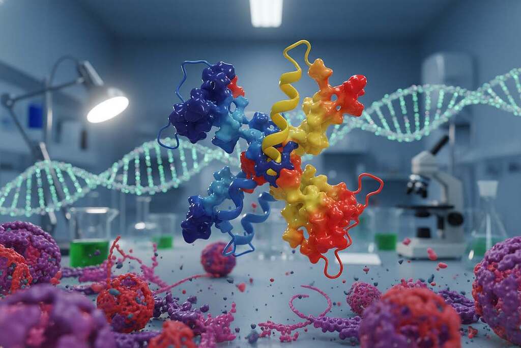 A close-up representation of a p53 tumorsuppressor molecule, depicted as an intricate 3D structure with vibrant colors highlighting its various components. In the foreground, show molecular structures and cellular elements that suggest a cancerous environment, with stylized tumor cells in varied shades of purple and red. In the middle ground, include DNA strands subtly intertwined with the p53 structure, symbolizing its genetic significance. The background should feature a blurred laboratory setting, conveying a scientific atmosphere, illuminated with cool blue lighting. The overall mood should be serious yet hopeful, representing cutting-edge research in cancer biology. Use a high-focus lens to capture intricate details while maintaining a depth of field that emphasizes the foreground p53 structure.