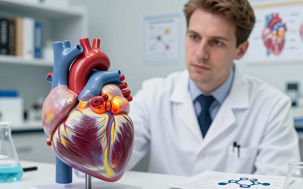 A close-up view of a human heart depicted within a scientific, laboratory setting, highlighting the effects of Clozapine on cardiac muscle toxicity. In the foreground, a realistic anatomical model of a heart displays areas of inflammation, with vibrant colors indicating damage. The middle ground features a healthcare professional, a European male in a lab coat, examining the model with a focused expression. He is surrounded by medical tools and diagrams detailing the heart’s anatomy and Clozapine's molecular structure. The background is softly blurred, showing shelves with books and medical research papers, creating an academic atmosphere. The lighting is bright and clinical, emphasizing precision and clarity, creating a serious but educational mood. A close-up view of a human heart depicted within a scientific, laboratory setting, highlighting the effects of Clozapine on cardiac muscle toxicity. In the foreground, a realistic anatomical model of a heart displays areas of inflammation, with vibrant colors indicating damage. The middle ground features a healthcare professional, a European male in a lab coat, examining the model with a focused expression. He is surrounded by medical tools and diagrams detailing the heart’s anatomy and Clozapine's molecular structure. The background is softly blurred, showing shelves with books and medical research papers, creating an academic atmosphere. The lighting is bright and clinical, emphasizing precision and clarity, creating a serious but educational mood.