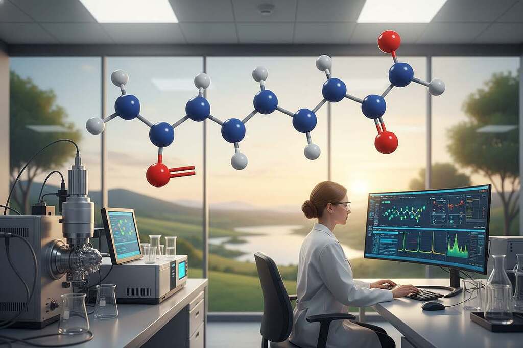 A close-up view of pentadecanoic acid molecular structure, intricately designed to showcase its chemical bonds and vibrant colors representing different elements. In the foreground, a sleek laboratory setting features modern analytical instruments like a mass spectrometer and chromatograph, illuminated by soft white lighting to create a professional yet inviting atmosphere. In the middle ground, a researcher in a white lab coat meticulously analyzes data on a computer screen, while a large window in the background reveals a serene outdoor scene, symbolizing nature's connection to health and longevity. The overall mood is one of innovation and discovery, emphasizing the potential of pentadecanoic acid in advancing health research.
