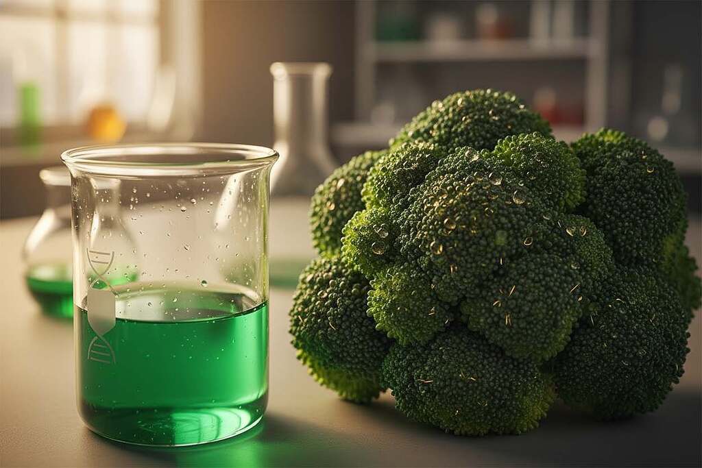 A detailed and vibrant close-up of fresh broccoli florets surrounded by a soft, gently blurred background of a scientific laboratory. The broccoli is glistening with dew, symbolizing the sulforaphan compound, with small golden light reflections emphasizing its health benefits. In the foreground, a glass beaker filled with a green solution representing activated p53 sits alongside the broccoli, showcasing the connection between the two. The lighting is warm and inviting, casting soft shadows to create depth. The atmosphere is one of natural vitality and scientific curiosity, evoking a sense of hope and innovation in cancer research. A macro lens perspective adds intricate details to the surface of the broccoli and the beaker, reinforcing the theme of natural health.