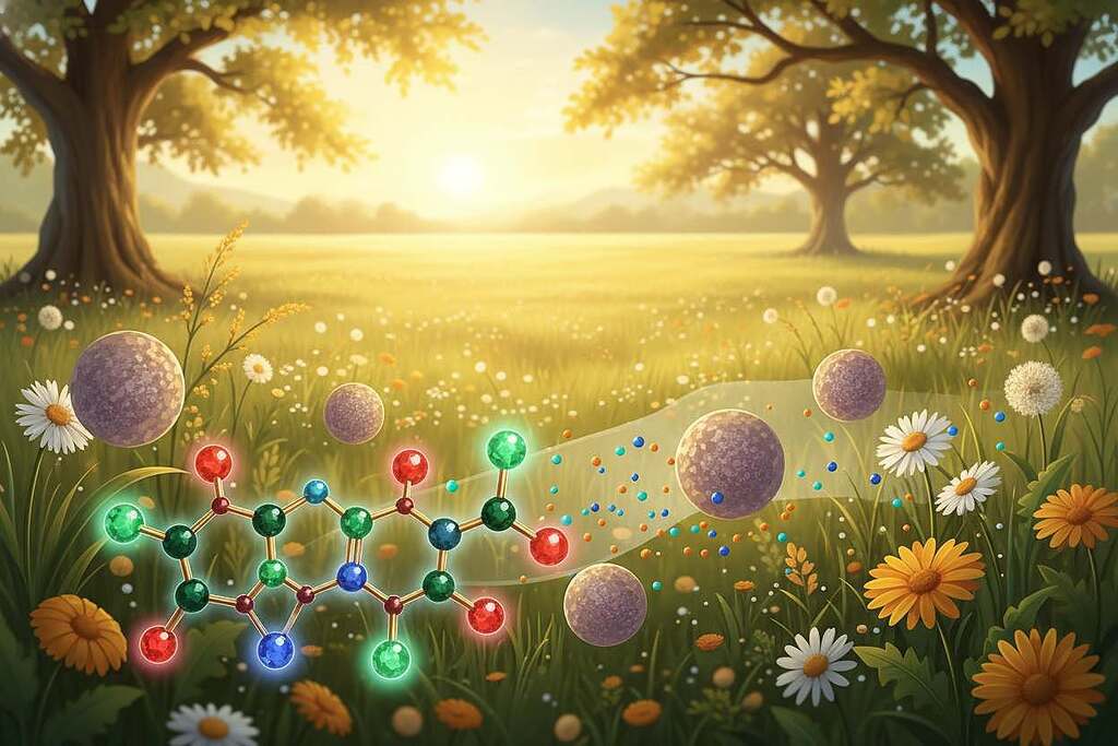 A detailed and vibrant illustration capturing the essence of quercetin's role in allergy relief and mast cell stabilization. In the foreground, a molecular structure of quercetin, intricately detailed with vibrant colors, surrounded by symbolic representations of mast cells, depicted as round, textured cells. In the middle ground, visualize a serene natural setting with blooming flowers, subtly hinting at pollen, emphasizing the seasonal aspect of allergies. In the background, a soft-focus landscape of a sunny field, with gentle sunlight filtering through tree branches, creating a calming atmosphere. The image should have a bright, uplifting mood, symbolizing hope and health. Use natural lighting to enhance the details and create a warm, inviting feeling, shot from a slightly elevated angle to capture the depth of the scene. A detailed and vibrant illustration capturing the essence of quercetin's role in allergy relief and mast cell stabilization. In the foreground, a molecular structure of quercetin, intricately detailed with vibrant colors, surrounded by symbolic representations of mast cells, depicted as round, textured cells. In the middle ground, visualize a serene natural setting with blooming flowers, subtly hinting at pollen, emphasizing the seasonal aspect of allergies. In the background, a soft-focus landscape of a sunny field, with gentle sunlight filtering through tree branches, creating a calming atmosphere. The image should have a bright, uplifting mood, symbolizing hope and health. Use natural lighting to enhance the details and create a warm, inviting feeling, shot from a slightly elevated angle to capture the depth of the scene.