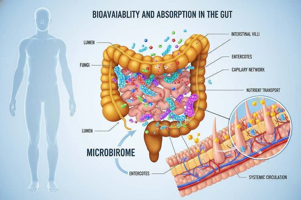 A detailed diagram illustrating "Bioavailability and Absorption in the Gut," showcasing the digestive tract enriched with vibrant, colorful microbiomes. In the foreground, a magnified view of intestinal villi displaying various nutrient molecules, like quercetin, attaching to the surface. The middle layer features a cross-section of the human digestive system, with clear depictions of the small intestine, including the lumen filled with biochemical interactions. The background should display a soft-focus representation of the human body to highlight overall health and digestion. Lighting should be bright and clinical, creating a sterile yet inviting atmosphere, with a slight overhead angle to capture the intricacies of the digestive process. The overall mood is educational and informative, suitable for a scientific audience. A detailed diagram illustrating "Bioavailability and Absorption in the Gut," showcasing the digestive tract enriched with vibrant, colorful microbiomes. In the foreground, a magnified view of intestinal villi displaying various nutrient molecules, like quercetin, attaching to the surface. The middle layer features a cross-section of the human digestive system, with clear depictions of the small intestine, including the lumen filled with biochemical interactions. The background should display a soft-focus representation of the human body to highlight overall health and digestion. Lighting should be bright and clinical, creating a sterile yet inviting atmosphere, with a slight overhead angle to capture the intricacies of the digestive process. The overall mood is educational and informative, suitable for a scientific audience.