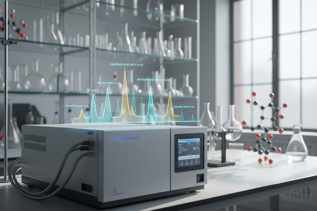 A detailed gas chromatography setup focusing on the analysis of pentadecanoic acid (C15:0). The image features a sleek, modern gas chromatograph in the foreground, characterized by its shiny metal components and a digital display showing real-time data. In the middle ground, colorful chromatogram peaks are vividly illustrated, illustrating the separation of pentadecanoic acid alongside other compounds. The background shows a well-lit laboratory with shelves filled with scientific glassware and molecular models. Soft, directional lighting highlights the chromatograph, casting subtle shadows to create a professional atmosphere. A slight depth of field effect blurs the background slightly, drawing attention to the chromatography equipment, evoking a sense of precision and sophistication in analytical methods.