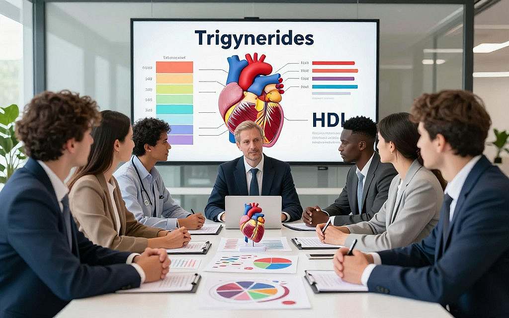 A detailed illustration focusing on the concept of triglycerides and heart health. In the foreground, a diverse group of professionals, including European individuals in smart business attire, is gathered around a large table filled with health charts and heart models. The middle ground features an anatomically accurate heart model, surrounded by vibrant graphics symbolizing triglyceride levels and HDL, conveyed through colorful charts and diagrams. The background should include a softly lit, modern conference room setting with glass walls and greenery visible outside, creating a fresh and professional atmosphere. Utilize natural lighting to evoke a sense of clarity and importance, while emphasizing the collaborative nature of health discussions among the professionals. The overall mood should be informative yet engaging, inviting viewers to explore the critical conversation around heart health markers. A detailed illustration focusing on the concept of triglycerides and heart health. In the foreground, a diverse group of professionals, including European individuals in smart business attire, is gathered around a large table filled with health charts and heart models. The middle ground features an anatomically accurate heart model, surrounded by vibrant graphics symbolizing triglyceride levels and HDL, conveyed through colorful charts and diagrams. The background should include a softly lit, modern conference room setting with glass walls and greenery visible outside, creating a fresh and professional atmosphere. Utilize natural lighting to evoke a sense of clarity and importance, while emphasizing the collaborative nature of health discussions among the professionals. The overall mood should be informative yet engaging, inviting viewers to explore the critical conversation around heart health markers.
