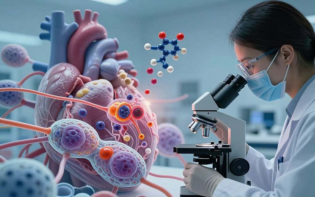 A detailed illustration of biological mechanisms involved in cardiomyocyte damage, focusing on cellular interactions. In the foreground, display a scientist in professional attire observing and analyzing cardiomyocytes under a microscope, showcasing their structural intricacies. The middle ground should feature vibrant, stylized representations of cardiomyocytes, depicting damage through subtle visual effects like color changes and cellular distortion. In the background, incorporate an abstract representation of medications affecting heart cells, represented as colorful molecular structures dissolving near the cardiomyocytes. Use soft lighting to create a laboratory ambiance, enhancing the mood of scientific inquiry. The perspective should be slightly angled to emphasize depth, and the overall atmosphere should convey a sense of urgency and discovery. The image should be detailed yet clear, suitable for scientific publication. A detailed illustration of biological mechanisms involved in cardiomyocyte damage, focusing on cellular interactions. In the foreground, display a scientist in professional attire observing and analyzing cardiomyocytes under a microscope, showcasing their structural intricacies. The middle ground should feature vibrant, stylized representations of cardiomyocytes, depicting damage through subtle visual effects like color changes and cellular distortion. In the background, incorporate an abstract representation of medications affecting heart cells, represented as colorful molecular structures dissolving near the cardiomyocytes. Use soft lighting to create a laboratory ambiance, enhancing the mood of scientific inquiry. The perspective should be slightly angled to emphasize depth, and the overall atmosphere should convey a sense of urgency and discovery. The image should be detailed yet clear, suitable for scientific publication.