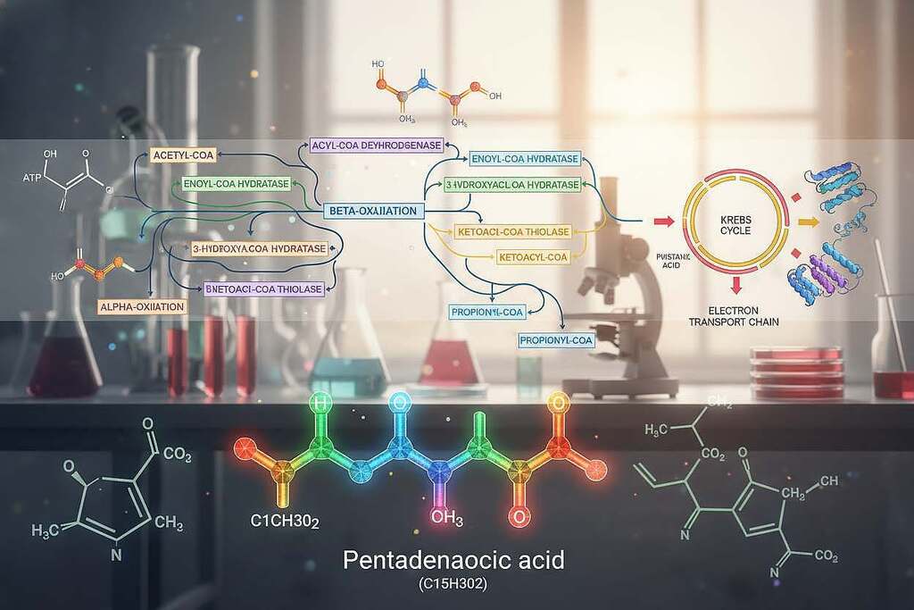 A detailed illustration of the metabolic pathways of pentadecanoic acid (C15), focusing on the biochemical processes involved in cellular health. In the foreground, display a vibrant diagram of molecular structures, such as the pentadecanoic acid molecule, shown in a dynamic 3D perspective. In the middle, include arrows and pathways representing metabolic conversions, with color-coded labels indicating enzymes and intermediates. The background should feature a soft-focus lab setting, with scientific equipment subtly suggested, such as test tubes and a microscope, to enhance the research atmosphere. Utilize soft, natural lighting to create an inviting and educational ambience, capturing the essence of scientific inquiry. The image should be clear, educational, and visually appealing, without any text or watermarks.
