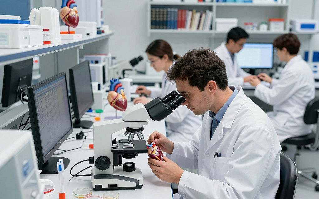 A detailed laboratory setting showcasing a preclinical research environment focused on heart studies. In the foreground, a researcher with European features in a white lab coat is examining a dissected mouse heart under a microscope, surrounded by scientific equipment like Petri dishes and pipettes. The middle ground features several lab stations with researchers engaged in discussions, analyzing data on computer screens, and handling models of human hearts to illustrate the connection to myocarditis and pericarditis. The background includes shelves filled with scientific journals and storage of laboratory materials. The lighting is bright and clinical, with a sterile and professional atmosphere. The camera angle is slightly elevated, capturing the hustle and bustle of the research environment while maintaining a focus on the central activities of discovery and exploration. A detailed laboratory setting showcasing a preclinical research environment focused on heart studies. In the foreground, a researcher with European features in a white lab coat is examining a dissected mouse heart under a microscope, surrounded by scientific equipment like Petri dishes and pipettes. The middle ground features several lab stations with researchers engaged in discussions, analyzing data on computer screens, and handling models of human hearts to illustrate the connection to myocarditis and pericarditis. The background includes shelves filled with scientific journals and storage of laboratory materials. The lighting is bright and clinical, with a sterile and professional atmosphere. The camera angle is slightly elevated, capturing the hustle and bustle of the research environment while maintaining a focus on the central activities of discovery and exploration.