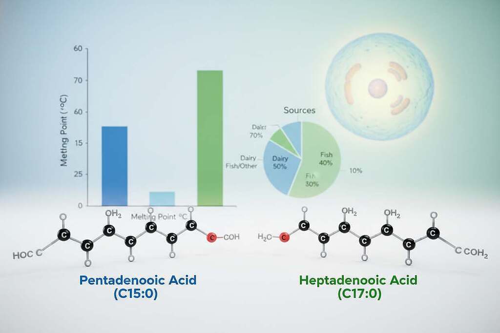A detailed scientific illustration comparing Pentadecanoic Acid (C15:0) and heptadecanoic acid (C17:0). In the foreground, two molecular structures should be displayed prominently side by side, with clear labels showing their chemical formulas. The middle layer features a soft-focus, vibrant graph comparing their properties such as melting points and sources (like dairy and fish). In the background, a subtle depiction of a healthy cell, symbolizing cell health and longevity, should be lightly shaded to avoid distraction. Utilize bright, natural lighting to create a fresh and engaging atmosphere, with slight lens distortion for a dynamic perspective. The overall mood should feel educational yet inviting, emphasizing the potential benefits of understanding these fatty acids.