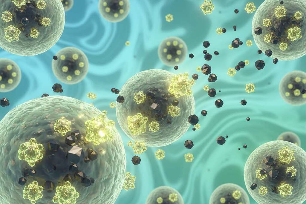 A detailed scientific illustration representing the concept of heavy metal binding and cellular detoxification. In the foreground, depict stylized cell structures with intricate membranes and glowing detoxifying agents symbolizing Quercetin, radiating a soft light. In the middle ground, show heavy metal ions depicted as dark, jagged shapes interacting with the cells, illustrating the binding process. The background should feature a gradient of calming blues and greens, suggesting a clean and healthy environment. Soft, diffused lighting highlights the cells and their interactions, creating a serene yet dynamic atmosphere. Use a macro lens perspective to capture the intricate details, emphasizing the importance of cellular purification and the protective qualities of antioxidants. The overall mood should feel scientific yet hopeful, emphasizing the potential for health and detoxification. A detailed scientific illustration representing the concept of heavy metal binding and cellular detoxification. In the foreground, depict stylized cell structures with intricate membranes and glowing detoxifying agents symbolizing Quercetin, radiating a soft light. In the middle ground, show heavy metal ions depicted as dark, jagged shapes interacting with the cells, illustrating the binding process. The background should feature a gradient of calming blues and greens, suggesting a clean and healthy environment. Soft, diffused lighting highlights the cells and their interactions, creating a serene yet dynamic atmosphere. Use a macro lens perspective to capture the intricate details, emphasizing the importance of cellular purification and the protective qualities of antioxidants. The overall mood should feel scientific yet hopeful, emphasizing the potential for health and detoxification.
