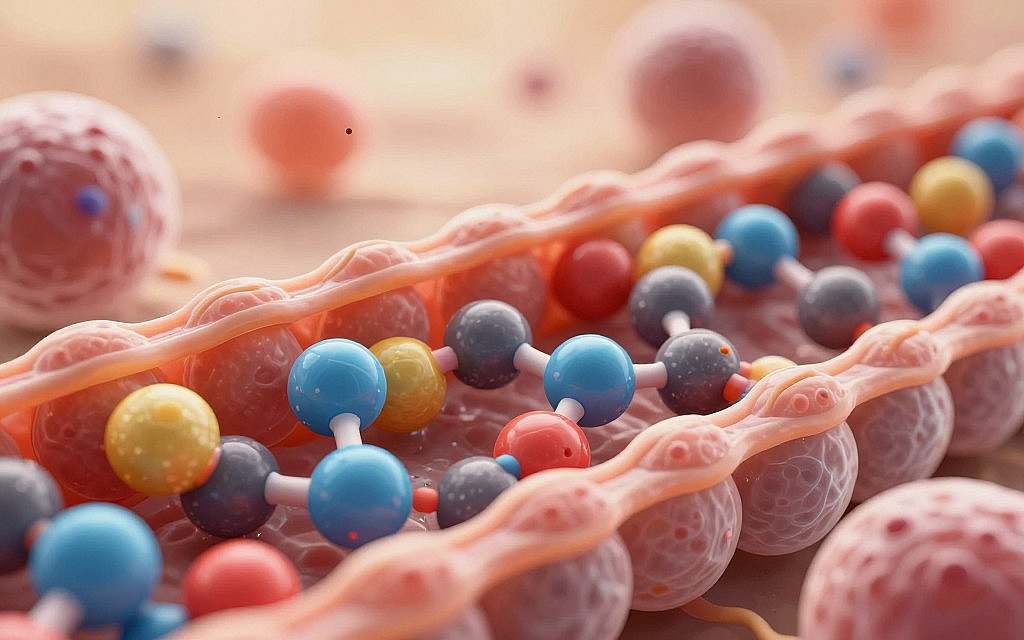 A detailed scientific illustration showcasing LDL cholesterol as a fundamental building block of cell membranes. In the foreground, magnified LDL cholesterol molecules are depicted in vibrant colors, with intricate details highlighting their molecular structure. The middle ground features cellular membranes incorporating these molecules, demonstrating their role in maintaining cell integrity. The background consists of a soft-focus view of human cells, symbolizing the biological context. The atmosphere is enlightening and informative, under warm, natural lighting that enhances the scientific essence. The scene should be captured with a macro lens perspective, emphasizing the complexity and importance of LDL cholesterol. No people are included in the image, ensuring a focus on the scientific elements. A detailed scientific illustration showcasing LDL cholesterol as a fundamental building block of cell membranes. In the foreground, magnified LDL cholesterol molecules are depicted in vibrant colors, with intricate details highlighting their molecular structure. The middle ground features cellular membranes incorporating these molecules, demonstrating their role in maintaining cell integrity. The background consists of a soft-focus view of human cells, symbolizing the biological context. The atmosphere is enlightening and informative, under warm, natural lighting that enhances the scientific essence. The scene should be captured with a macro lens perspective, emphasizing the complexity and importance of LDL cholesterol. No people are included in the image, ensuring a focus on the scientific elements.
