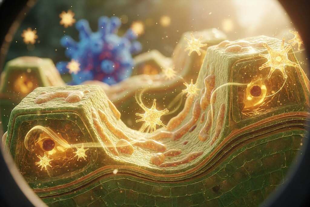 A detailed, scientific representation of cellular uptake of Quercetin for infection prevention. In the foreground, vibrant and detailed plant cells depict a cross-section, highlighting membrane structures with dynamic, flowing shapes that indicate active uptake. The middle section showcases Quercetin molecules illustrated in a bright, radiant manner as they interact with the cell membrane, symbolizing their potential effectiveness. The background consists of a soft-focus, abstract representation of a virus, blurred to suggest a scientific context without distraction. Use warm, natural lighting to evoke a sense of hope and vitality. The overall atmosphere should be one of freshness and clarity, ideally captured with a macro lens to emphasize details and texture, creating an engaging and informative visual narrative. A detailed, scientific representation of cellular uptake of Quercetin for infection prevention. In the foreground, vibrant and detailed plant cells depict a cross-section, highlighting membrane structures with dynamic, flowing shapes that indicate active uptake. The middle section showcases Quercetin molecules illustrated in a bright, radiant manner as they interact with the cell membrane, symbolizing their potential effectiveness. The background consists of a soft-focus, abstract representation of a virus, blurred to suggest a scientific context without distraction. Use warm, natural lighting to evoke a sense of hope and vitality. The overall atmosphere should be one of freshness and clarity, ideally captured with a macro lens to emphasize details and texture, creating an engaging and informative visual narrative.
