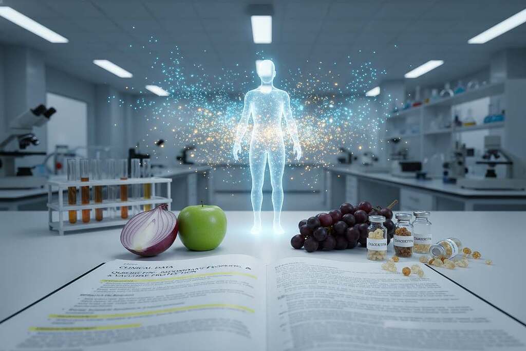 A detailed, visually engaging scientific study representation focusing on Quercetin. In the foreground, a large, open scientific report with highlighted sections outlining clinical data on Quercetin's antioxidant properties and vascular protection. Surrounding the report, glass vials containing Quercetin crystals, with fresh fruits rich in Quercetin like onions and apples. In the middle ground, a subtle, abstract representation of health benefits, such as a human silhouette surrounded by glowing particles symbolizing immunity boost. In the background, a laboratory setting with soft, diffused lighting from overhead fluorescents, creating a serene and professional atmosphere. The angle should be slightly top-down, emphasizing the study's complexity and importance, without any distracting elements or text. A detailed, visually engaging scientific study representation focusing on Quercetin. In the foreground, a large, open scientific report with highlighted sections outlining clinical data on Quercetin's antioxidant properties and vascular protection. Surrounding the report, glass vials containing Quercetin crystals, with fresh fruits rich in Quercetin like onions and apples. In the middle ground, a subtle, abstract representation of health benefits, such as a human silhouette surrounded by glowing particles symbolizing immunity boost. In the background, a laboratory setting with soft, diffused lighting from overhead fluorescents, creating a serene and professional atmosphere. The angle should be slightly top-down, emphasizing the study's complexity and importance, without any distracting elements or text.