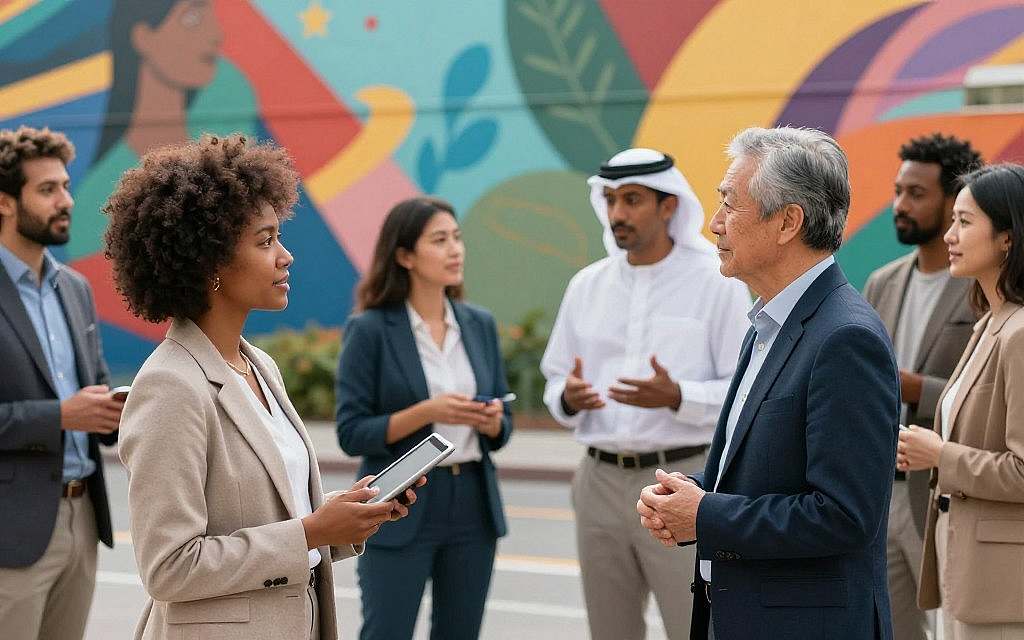 A diverse group of individuals of various ages and ethnicities stand together in a vibrant urban setting, symbolizing recognition and distinctiveness in society. In the foreground, a young Black woman in professional attire holds a tablet, engaging in conversation with an older Asian man, who is wearing a smart blazer. In the middle ground, a Latinx woman and a Middle-Eastern man exchange ideas vigorously, showcasing dialogue and connection. The background features a colorful mural depicting unity and diversity, with vivid colors and abstract shapes. Soft, warm lighting bathes the scene, creating an inviting and hopeful atmosphere. The image is shot at eye level with a wide-angle lens, capturing the dynamic interactions and the spirit of inclusivity and challenge against societal contradictions. A diverse group of individuals of various ages and ethnicities stand together in a vibrant urban setting, symbolizing recognition and distinctiveness in society. In the foreground, a young Black woman in professional attire holds a tablet, engaging in conversation with an older Asian man, who is wearing a smart blazer. In the middle ground, a Latinx woman and a Middle-Eastern man exchange ideas vigorously, showcasing dialogue and connection. The background features a colorful mural depicting unity and diversity, with vivid colors and abstract shapes. Soft, warm lighting bathes the scene, creating an inviting and hopeful atmosphere. The image is shot at eye level with a wide-angle lens, capturing the dynamic interactions and the spirit of inclusivity and challenge against societal contradictions.