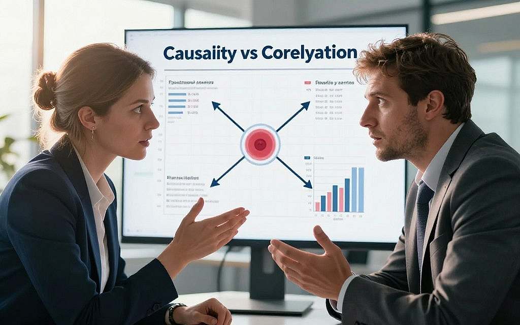 A dramatic scene illustrating the concept of causality versus correlation in heart attack risk. In the foreground, two European business professionals, a man and a woman, are engaged in a deep discussion, their expressions serious and analytical. They are dressed in professional business attire. In the middle, a large, visually engaging chart displaying statistics and graphs that represent heart attack risk factors, with arrows connecting various elements to symbolize causation and correlation. The background features a subtle blend of a modern office environment, with soft sunlight filtering in through large windows, casting a warm glow. The overall mood is intense yet professional, emphasizing the complexity of the topic. The image should be captured from a slightly elevated angle, focusing on the professionals and the chart to create a compelling visual narrative. A dramatic scene illustrating the concept of causality versus correlation in heart attack risk. In the foreground, two European business professionals, a man and a woman, are engaged in a deep discussion, their expressions serious and analytical. They are dressed in professional business attire. In the middle, a large, visually engaging chart displaying statistics and graphs that represent heart attack risk factors, with arrows connecting various elements to symbolize causation and correlation. The background features a subtle blend of a modern office environment, with soft sunlight filtering in through large windows, casting a warm glow. The overall mood is intense yet professional, emphasizing the complexity of the topic. The image should be captured from a slightly elevated angle, focusing on the professionals and the chart to create a compelling visual narrative.