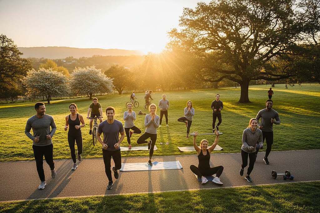 A dynamic scene depicting people engaged in various sports and physical exercises that symbolize activation and cellular protection. In the foreground, a diverse group of adults, dressed in professional athletic wear, are performing activities such as jogging, yoga, and strength training. The middle ground features a vibrant park setting with trees and green grass, while the background showcases a luminous sunrise, symbolizing renewal and vitality. Soft sunlight filters through the trees, casting a warm glow on the scene, creating a hopeful and energetic atmosphere. The focus is on the individuals’ joyful expressions, illustrating the positive impact of movement on health and well-being. Capture this moment from a slightly elevated angle to encompass both the movement and the beautiful nature around them.
