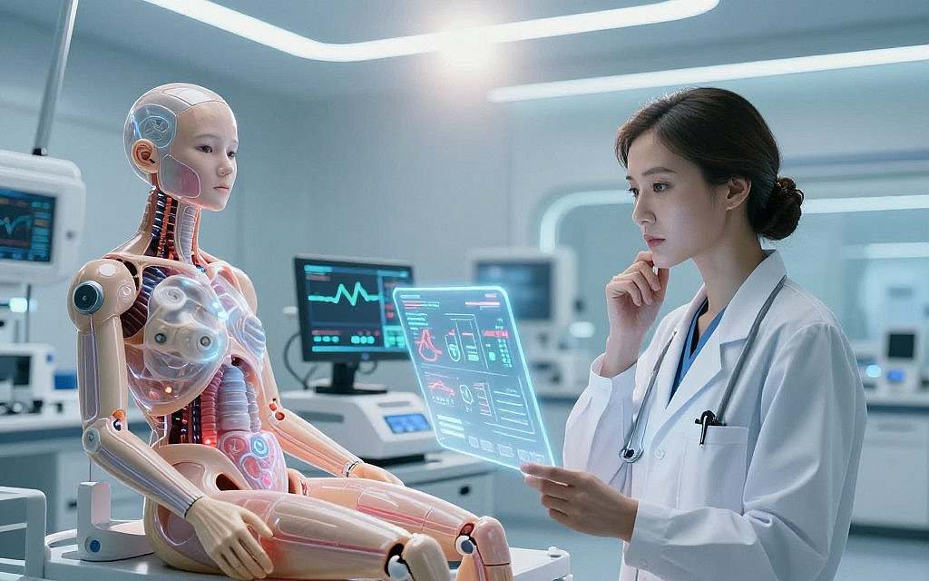 A futuristic medical laboratory scene featuring artificial patients, portrayed as lifelike humanoid figures with transparent skin, showcasing internal biometrics and indicators of health. In the foreground, an elegant female doctor in professional attire observes a holographic display of cholesterol levels and medical thresholds, her expression thoughtful and analytical. In the middle ground, advanced diagnostic equipment surrounds the artificial patients, with glowing monitors indicating fluctuating health metrics. The background reveals a sleek, high-tech environment with soft blue and white lighting, creating a sterile yet inviting atmosphere. A lens flare subtly brightens the scene, enhancing the innovative mood, while reflections on glass surfaces add depth and intrigue. A futuristic medical laboratory scene featuring artificial patients, portrayed as lifelike humanoid figures with transparent skin, showcasing internal biometrics and indicators of health. In the foreground, an elegant female doctor in professional attire observes a holographic display of cholesterol levels and medical thresholds, her expression thoughtful and analytical. In the middle ground, advanced diagnostic equipment surrounds the artificial patients, with glowing monitors indicating fluctuating health metrics. The background reveals a sleek, high-tech environment with soft blue and white lighting, creating a sterile yet inviting atmosphere. A lens flare subtly brightens the scene, enhancing the innovative mood, while reflections on glass surfaces add depth and intrigue.