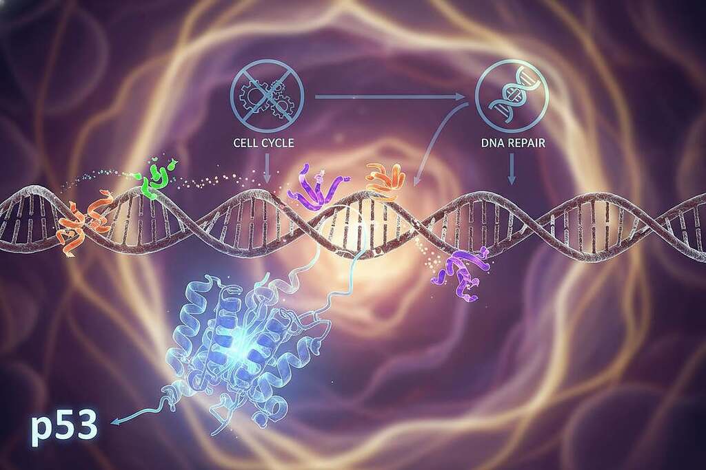 A highly detailed illustration of the p53 protein activating the cell cycle arrest and DNA repair processes. In the foreground, depict a close-up of the p53 protein represented as a complex 3D molecular structure, glowing subtly in a bioluminescent blue. In the middle ground, show DNA strands being meticulously repaired with bright, vibrant colors, symbolizing the restoration process, with enzymes actively working to fix damaged segments. The background should feature an abstract representation of a cell nucleus bathed in gentle, ethereal light, creating a sense of hope and resilience. Use soft, diffused lighting to evoke a tranquil yet empowering atmosphere, captured from a slightly low angle to emphasize the grandeur of molecular activity.