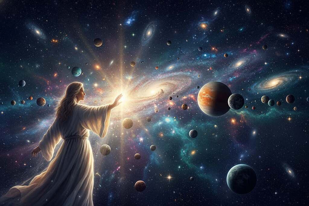 A majestic and ethereal depiction of "God, Creation, and the Origin of Existence". In the foreground, a radiant figure representing divinity, adorned in flowing ethereal robes, reaches out with an open hand, emanating radiant light. In the middle ground, vibrant celestial spheres swirl around, symbolizing the various stages of creation, with stars, planets, and shimmering cosmic elements. The background reveals a stunning tapestry of galaxies and nebulae, softly illuminated by a luminous glow that conveys a sense of wonder and infinity. The atmosphere should feel awe-inspiring and serene, with soft, diffuse lighting to enhance the divine presence. The image should be captured from a slightly low angle, giving a sense of grandeur and depth, inviting viewers to contemplate the profound nature of existence.