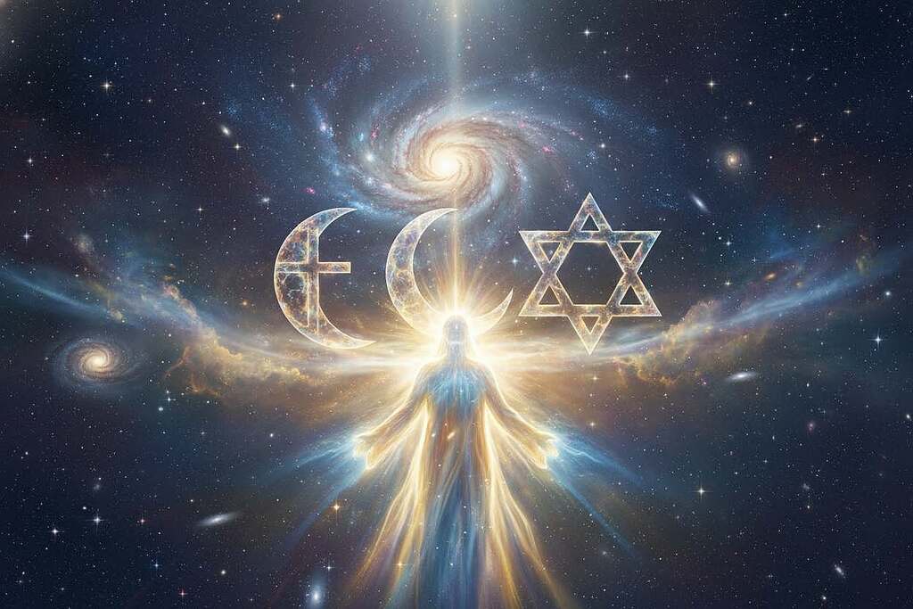 A majestic and ethereal representation of God as an eternal being within the context of Abrahamic religions. In the foreground, a radiant figure symbolizes divinity, displaying an aura of light akin to a shimmering, celestial presence. The middle ground features abstract representations of iconic religious symbols: a cross, a crescent moon, and a star of David, subtly intertwined with flowing energy. The background immerses the scene in a vast cosmic landscape, filled with twinkling stars and swirling galaxies, conveying infinity and the notion of eternity. The lighting is soft yet luminous, enhancing the divine quality of the figure. Capture this scene from a low angle to emphasize grandeur, enveloped in a serene and contemplative atmosphere.