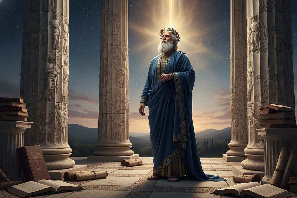 A majestic philosopher stands in contemplative thought, surrounded by ancient scrolls and books, symbolizing the weight of wisdom and the quest for knowledge. In the foreground, the philosopher is depicted wearing a flowing robe, gazing upward towards a luminous, ethereal light representing the first unmoved mover, casting a warm glow. In the middle, intricately carved stone pillars emerge, adorned with classical Greek motifs that hint at a rich philosophical history. The background reveals a serene landscape with soft rolling hills beneath a twilight sky, filled with stars that twinkle like distant ideas waiting to be explored. The image is bathed in soft, diffused lighting, creating an atmosphere of tranquility and deep thought, captured from a slightly low angle to evoke a sense of grandeur and importance.