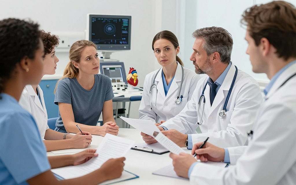 A medical clinic setting focused on the diagnosis and management of heart inflammation, specifically myocarditis and pericarditis. In the foreground, a diverse group of European healthcare professionals, including a male doctor in a white coat, discussing patient charts at a consultation table. In the middle ground, a female cardiologist engages with a patient who is sitting in a medical examination room, looking attentive and concerned. The background features diagnostic equipment like an echocardiogram machine and anatomical heart models. Soft, clinical lighting bathes the scene, creating a calm and professional atmosphere. The perspective captures the interaction vividly, emphasizing the importance of communication in medical care. A medical clinic setting focused on the diagnosis and management of heart inflammation, specifically myocarditis and pericarditis. In the foreground, a diverse group of European healthcare professionals, including a male doctor in a white coat, discussing patient charts at a consultation table. In the middle ground, a female cardiologist engages with a patient who is sitting in a medical examination room, looking attentive and concerned. The background features diagnostic equipment like an echocardiogram machine and anatomical heart models. Soft, clinical lighting bathes the scene, creating a calm and professional atmosphere. The perspective captures the interaction vividly, emphasizing the importance of communication in medical care.