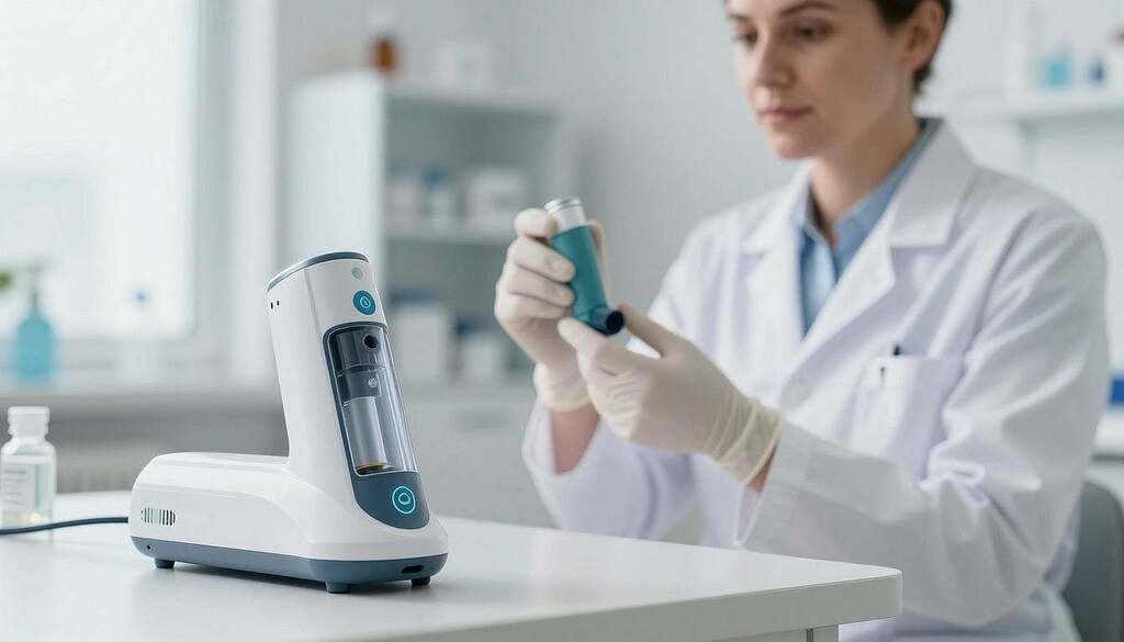 A modern inhalation system designed for optimizing localized treatment, set in a bright and sterile medical environment. In the foreground, a sleek inhaler device is prominently displayed, featuring a futuristic design with intuitive buttons and a transparent chamber to showcase the medication inside. In the middle ground, a healthcare professional of European descent is demonstrating the device, wearing a crisp white lab coat and medical gloves, attentively observing its functionality. In the background, blurred shelves filled with medical supplies and clinical tools evoke a sense of advanced medical technology. Soft, natural lighting filters through a nearby window, creating a calm and professional atmosphere, perfect for showcasing the benefits of localized therapy with Budesonide. The angle highlights the inhaler and the professional interaction without any text or distractions.