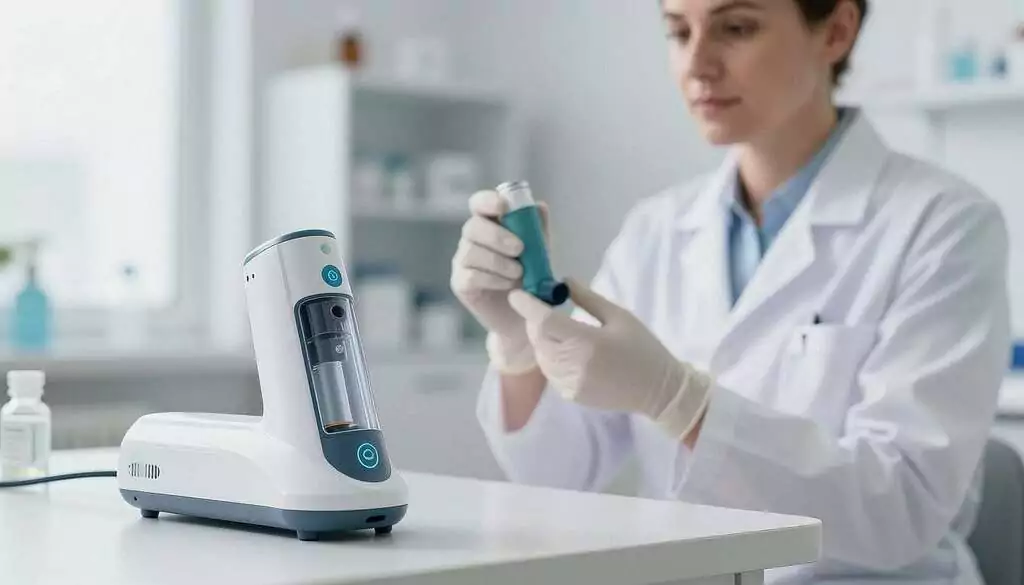 A modern inhalation system designed for optimizing localized treatment, set in a bright and sterile medical environment. In the foreground, a sleek inhaler device is prominently displayed, featuring a futuristic design with intuitive buttons and a transparent chamber to showcase the medication inside. In the middle ground, a healthcare professional of European descent is demonstrating the device, wearing a crisp white lab coat and medical gloves, attentively observing its functionality. In the background, blurred shelves filled with medical supplies and clinical tools evoke a sense of advanced medical technology. Soft, natural lighting filters through a nearby window, creating a calm and professional atmosphere, perfect for showcasing the benefits of localized therapy with Budesonide. The angle highlights the inhaler and the professional interaction without any text or distractions.