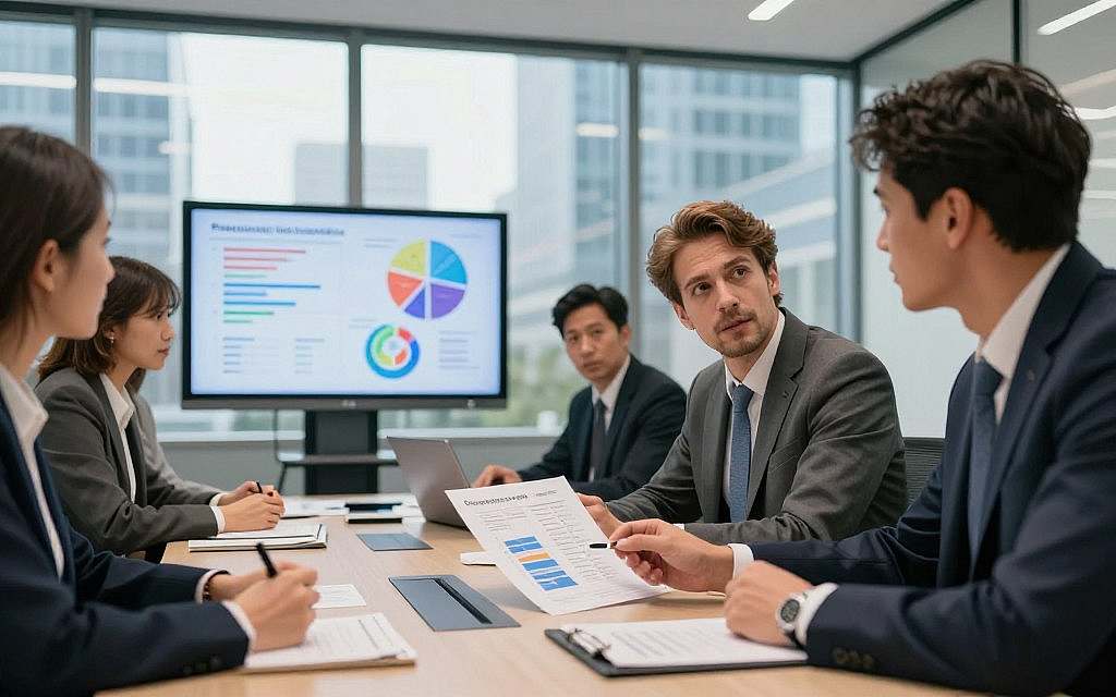 A modern, professional meeting room filled with diverse European business professionals, all dressed in formal business attire. In the foreground, a confident male and female team member, deeply engaged in discussion while analyzing a chart showing cholesterol levels and pharmaceutical statistics. In the middle ground, a large screen displays a colorful infographic highlighting the influence of the pharmaceutical industry on medical guidelines. In the background, glass walls reveal a city skyline, emphasizing the corporate environment. Soft, natural lighting filters through the windows, creating a warm atmosphere, while a low-angle perspective captures the intensity and focus of the group. The mood is collaborative and insightful, showcasing the intersection of healthcare, industry influence, and ethical discussions. A modern, professional meeting room filled with diverse European business professionals, all dressed in formal business attire. In the foreground, a confident male and female team member, deeply engaged in discussion while analyzing a chart showing cholesterol levels and pharmaceutical statistics. In the middle ground, a large screen displays a colorful infographic highlighting the influence of the pharmaceutical industry on medical guidelines. In the background, glass walls reveal a city skyline, emphasizing the corporate environment. Soft, natural lighting filters through the windows, creating a warm atmosphere, while a low-angle perspective captures the intensity and focus of the group. The mood is collaborative and insightful, showcasing the intersection of healthcare, industry influence, and ethical discussions.