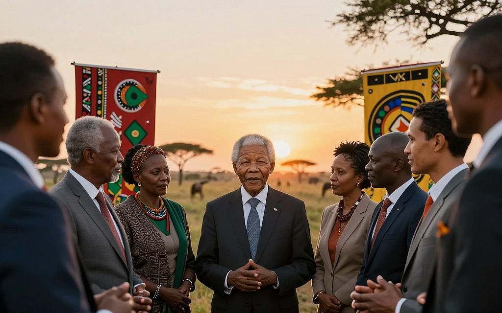 A powerful scene depicting Ubuntu Leadership through the lens of Nelson Mandela's legacy. In the foreground, a diverse group of leaders, both men and women of various ethnicities, are engaged in a collaborative discussion, dressed in professional business attire. Their expressions reflect determination and unity, symbolizing the essence of Ubuntu: "I am because we are." In the middle ground, vibrant banners or artistic representations of African cultural motifs can be seen, representing the rich heritage and communal spirit of Africa. The background features a serene landscape of an African savannah at sunset, with warm golden hues that evoke hope and positivity. The lighting is soft yet inspiring, giving a sense of warmth and connection, with a slightly low angle to highlight the leaders' interaction and the expansive landscape, creating a sense of empowerment and vision for the future. A powerful scene depicting Ubuntu Leadership through the lens of Nelson Mandela's legacy. In the foreground, a diverse group of leaders, both men and women of various ethnicities, are engaged in a collaborative discussion, dressed in professional business attire. Their expressions reflect determination and unity, symbolizing the essence of Ubuntu: "I am because we are." In the middle ground, vibrant banners or artistic representations of African cultural motifs can be seen, representing the rich heritage and communal spirit of Africa. The background features a serene landscape of an African savannah at sunset, with warm golden hues that evoke hope and positivity. The lighting is soft yet inspiring, giving a sense of warmth and connection, with a slightly low angle to highlight the leaders' interaction and the expansive landscape, creating a sense of empowerment and vision for the future.