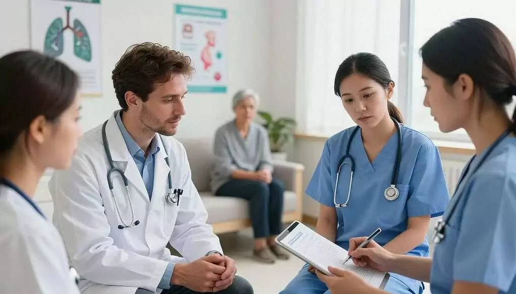 A professional healthcare setting showcasing personalized therapy and risk management for respiratory diseases. In the foreground, a diverse group of healthcare professionals, including a European male doctor in a white coat, and a female nurse in scrubs, analyzing patient charts on a digital tablet. In the middle ground, a well-organized consultation room with a patient sitting calmly, observing the discussion. The background features medical posters related to respiratory health and a bright window allowing natural light to flood the room, creating a warm and inviting atmosphere. The image should have soft lighting highlighting the professionals’ focused expressions, shot from a slightly elevated angle to capture the dynamics of the interaction.