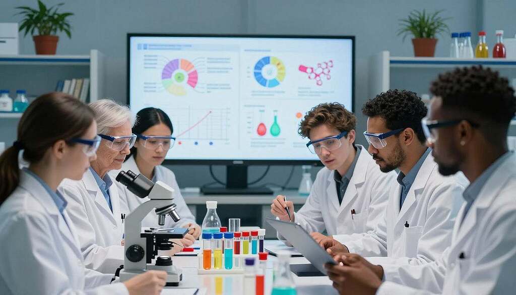 A professional laboratory setting showcasing the concept of antibody therapy and biologics for respiratory diseases. In the foreground, a diverse group of researchers, primarily of European descent, dressed in lab coats and safety goggles, discussing over a microscope and testing vials filled with colorful solutions. In the middle ground, a large screen displaying detailed charts and diagrams related to biological therapies and innovative treatment approaches. The background features laboratory equipment, shelves with scientific books, and potted plants to create a vibrant atmosphere. Soft, focused lighting highlights the researchers' expressions of curiosity and determination, while a shallow depth of field draws attention to their collaborative efforts. The overall mood is one of innovation and hope.